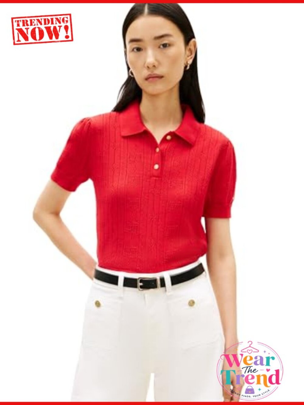 Tommy Hilfiger Cotton Polo Sweater Pointelle Knit Cropped Puff Sleeve